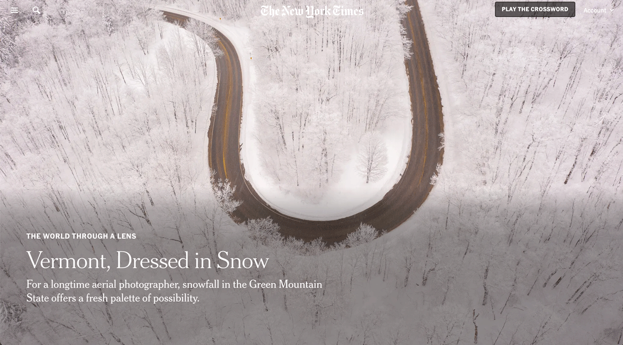 screenshot of the landing page of photo essay Vermont, Dressed in Snow from New York Times
