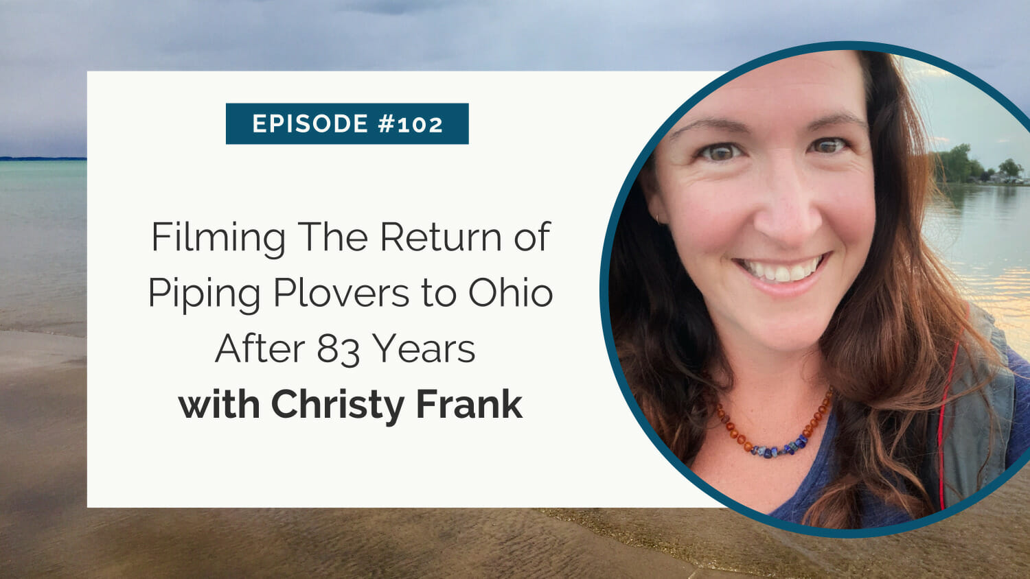 A woman smiling at the camera with text overlay about filming an episode on piping plovers' return to ohio featuring christy frank.
