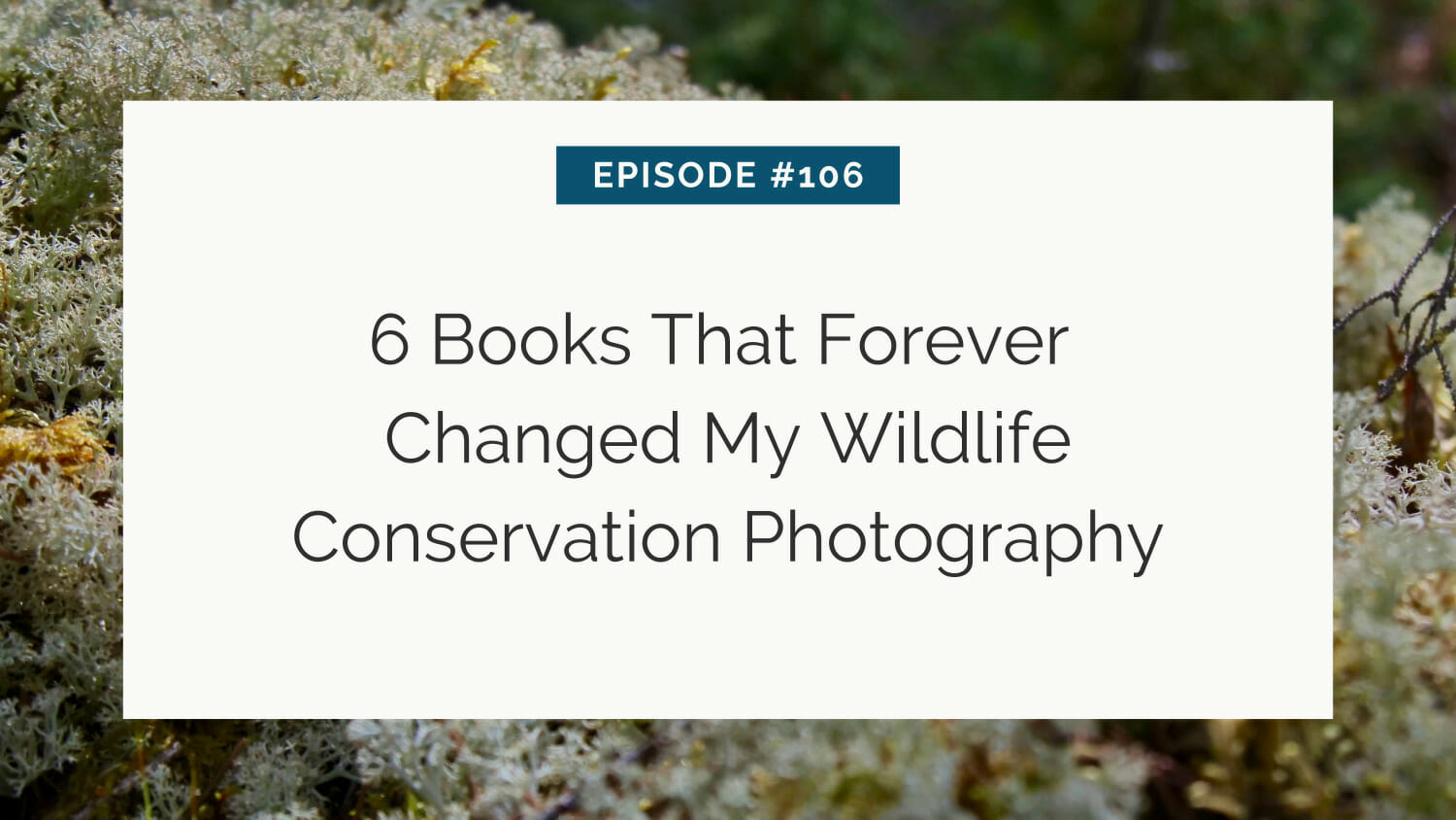 Presentation slide titled "episode #106 - 6 books that forever changed my wildlife conservation photography" with a nature background.
