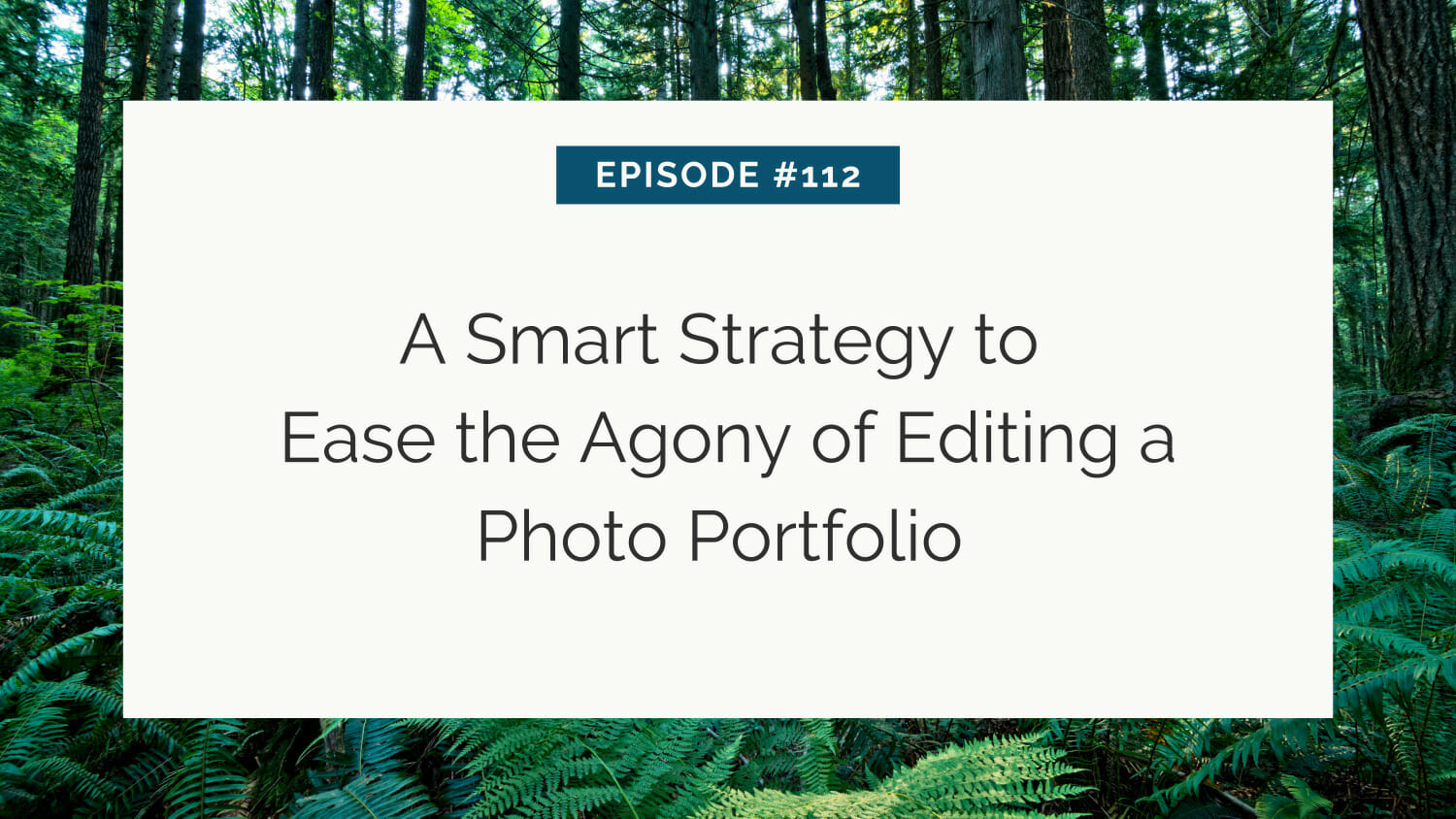 Slide with title "a smart strategy to ease the agony of editing a photo portfolio" against a forest background for episode #112.