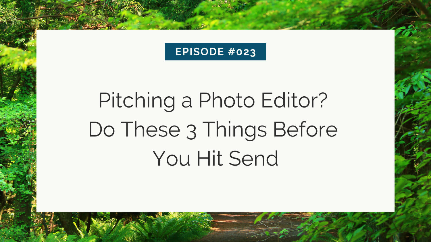 Informational slide for episode 23 on tips for pitching to a photo editor, set against a forest backdrop.