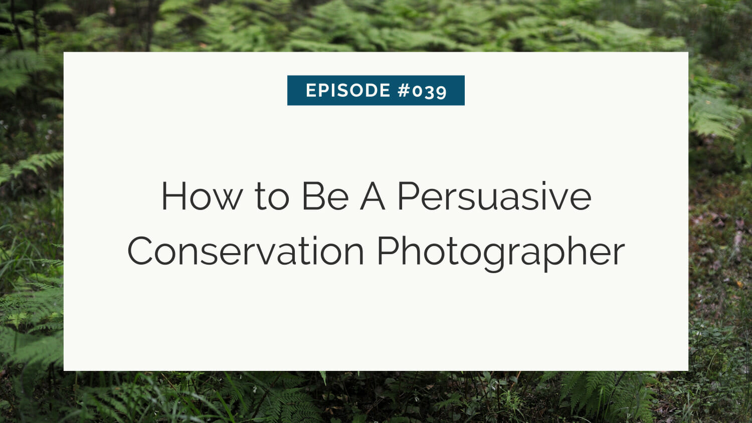 Title card for episode #039 discussing "how to be a persuasive conservation photographer" against a forest backdrop.