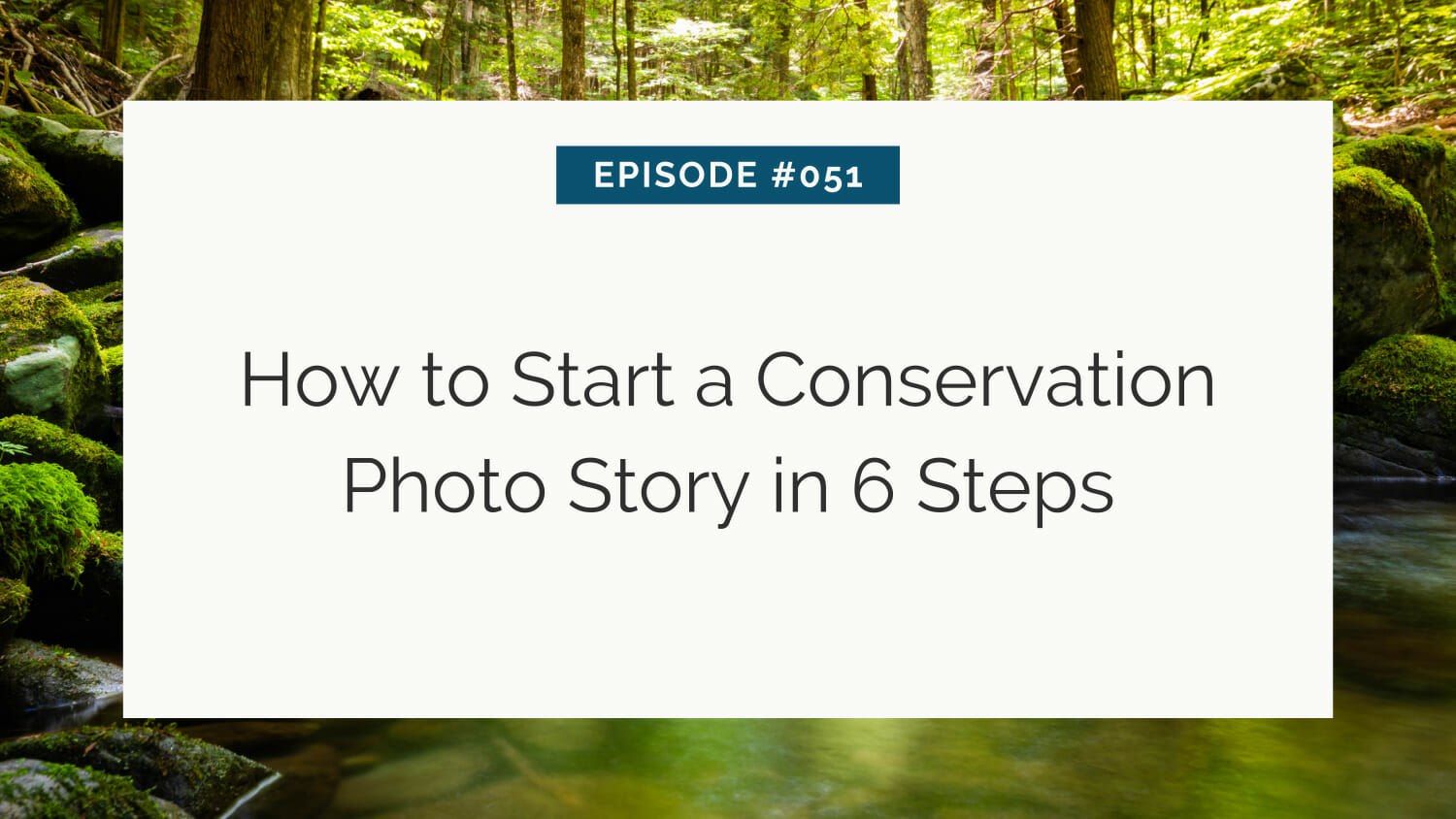 A slide titled "episode #051: how to start a conservation photo story in 6 steps" with a background image of a forest.