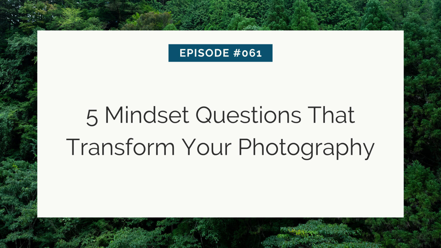 Text overlay on a forest backdrop: "episode #061 - 5 mindset questions that transform your photography.