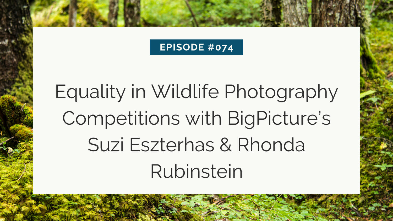 Podcast episode graphic for "episode #074 - equality in wildlife photography competitions with bigpicture's suzi eszterhas & rhonda rubinstein" set against a backdrop of a green forest.