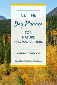 Promotional flyer for a free day planner pdf template targeting nature photographers, featuring a forest landscape in the background.