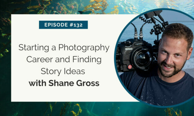 Professional underwater photographer with camera gear, promoting an episode on starting a photography career and finding story ideas.