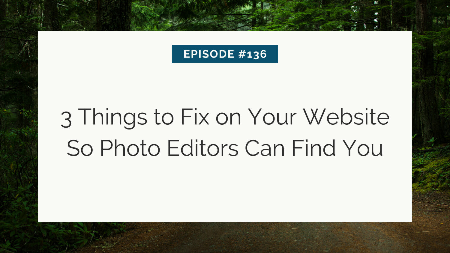 A presentation slide titled "episode #136: 3 things to fix on your website so photo editors can find you" set against a forest background.