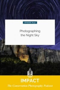 Star trails over a mountain landscape on a 'photographing the night sky' podcast episode cover.
