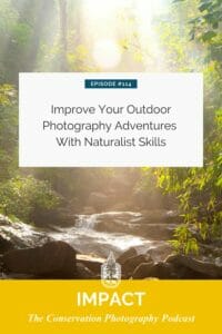 Podcast episode cover featuring a tranquil forest scene with a stream, promoting the enhancement of outdoor photography through naturalist skills.