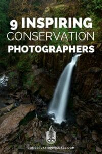 Promotional poster highlighting nine inspiring conservation photographers amidst a picturesque waterfall backdrop.