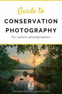 Cover of a guide to conservation photography book featuring a serene lake landscape at dusk.