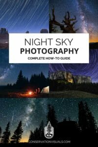 An educational poster for a complete guide to night sky photography featuring various astrophotography scenes.