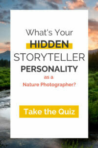 Advertisement for a quiz to discover your hidden storyteller personality as a nature photographer, set against a scenic backdrop.