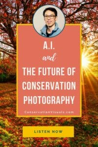 Promotional poster featuring a smiling man, with text about a.i. and the future of conservation photography.