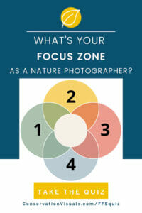 Promotional graphic for a quiz titled "what's your focus as a nature photographer?" from conservationvisuals.com featuring a colorful venn diagram design.