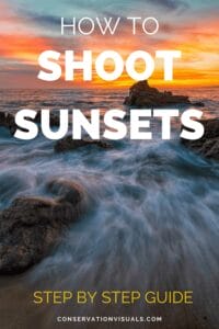 A guidebook cover on "how to shoot sunsets" with an image of a sunset over the ocean and rocks, labeled as a step-by-step guide from conservationvisuals.com.